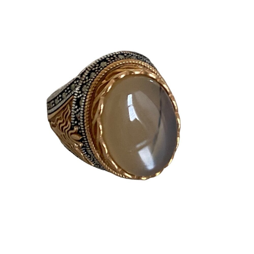 Sterling Silver Yemeni Ottoman style ring Agate stone marcasite 7.75 oriental